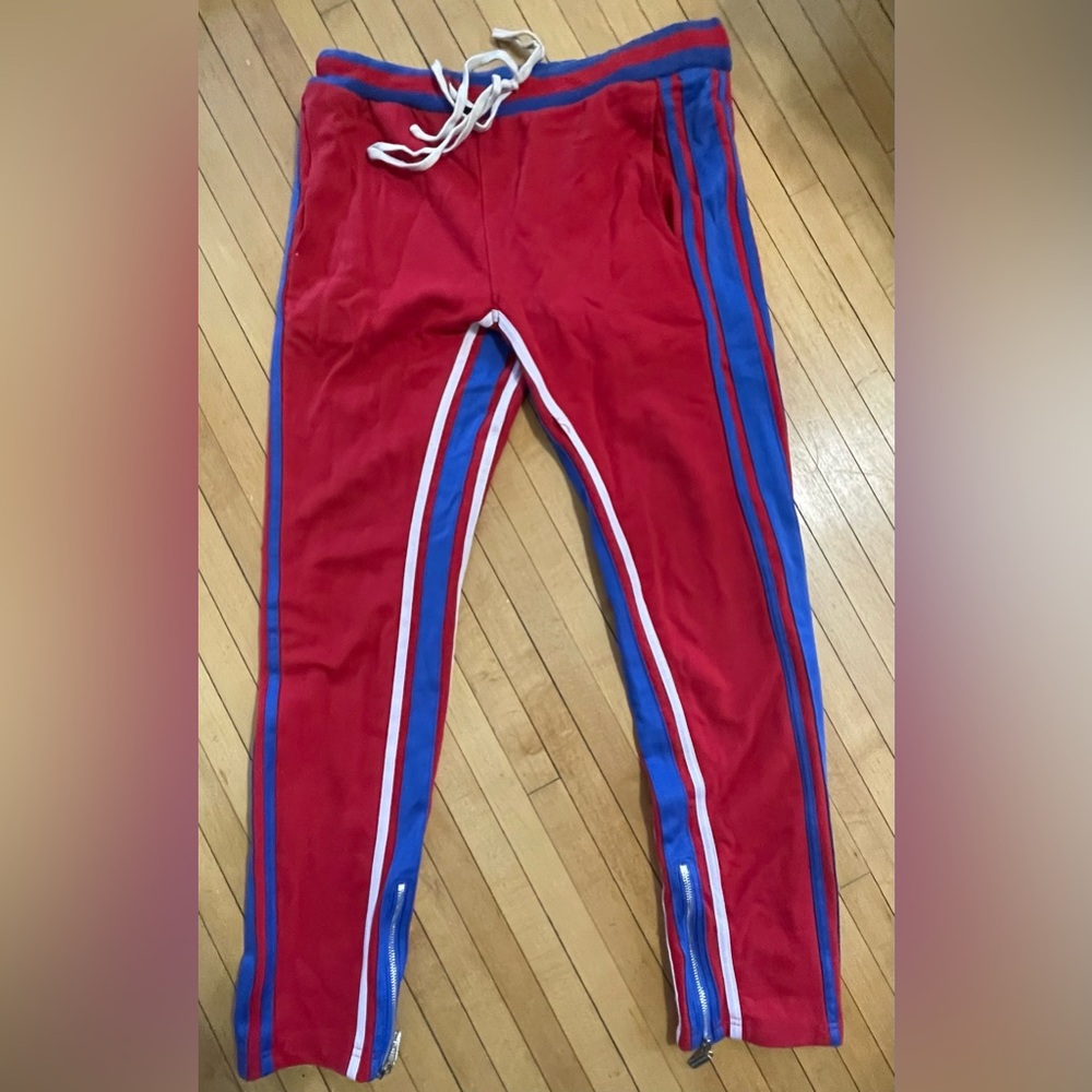 Men’s Red & Blue Track Zip Pants (Sz L)